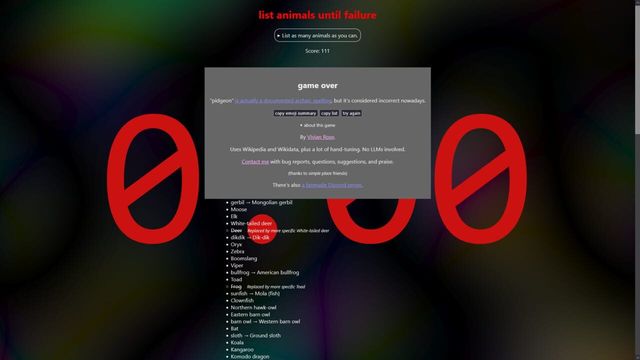 List Animals Until Failure Screenshot